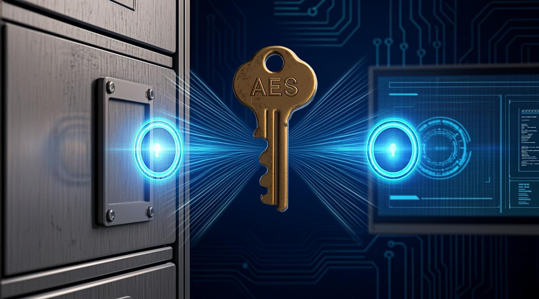 Conceptual illustration: one brass key stamped AES opening two different doors, an archive cabinet and an admin terminal, on a dark slate background (AI-generated illustration)
