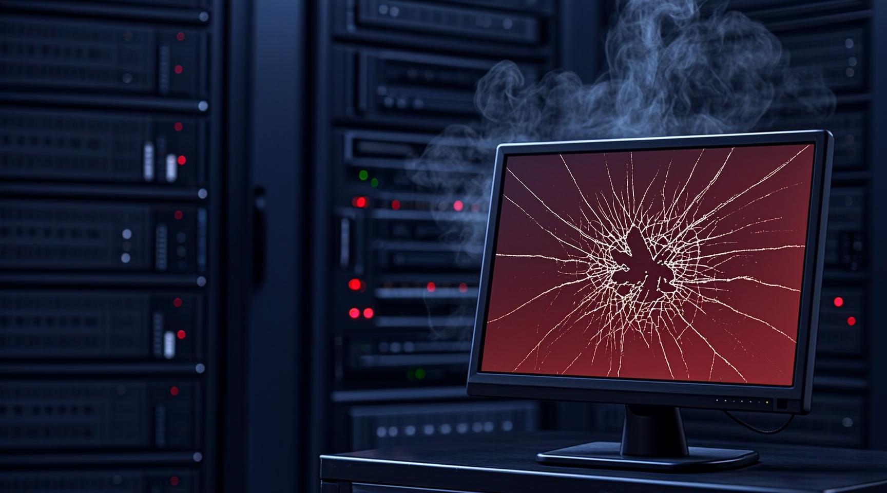 Shattered helpdesk terminal screen with crimson light bleeding from the cracks, in a dark server room (AI-generated illustration)
